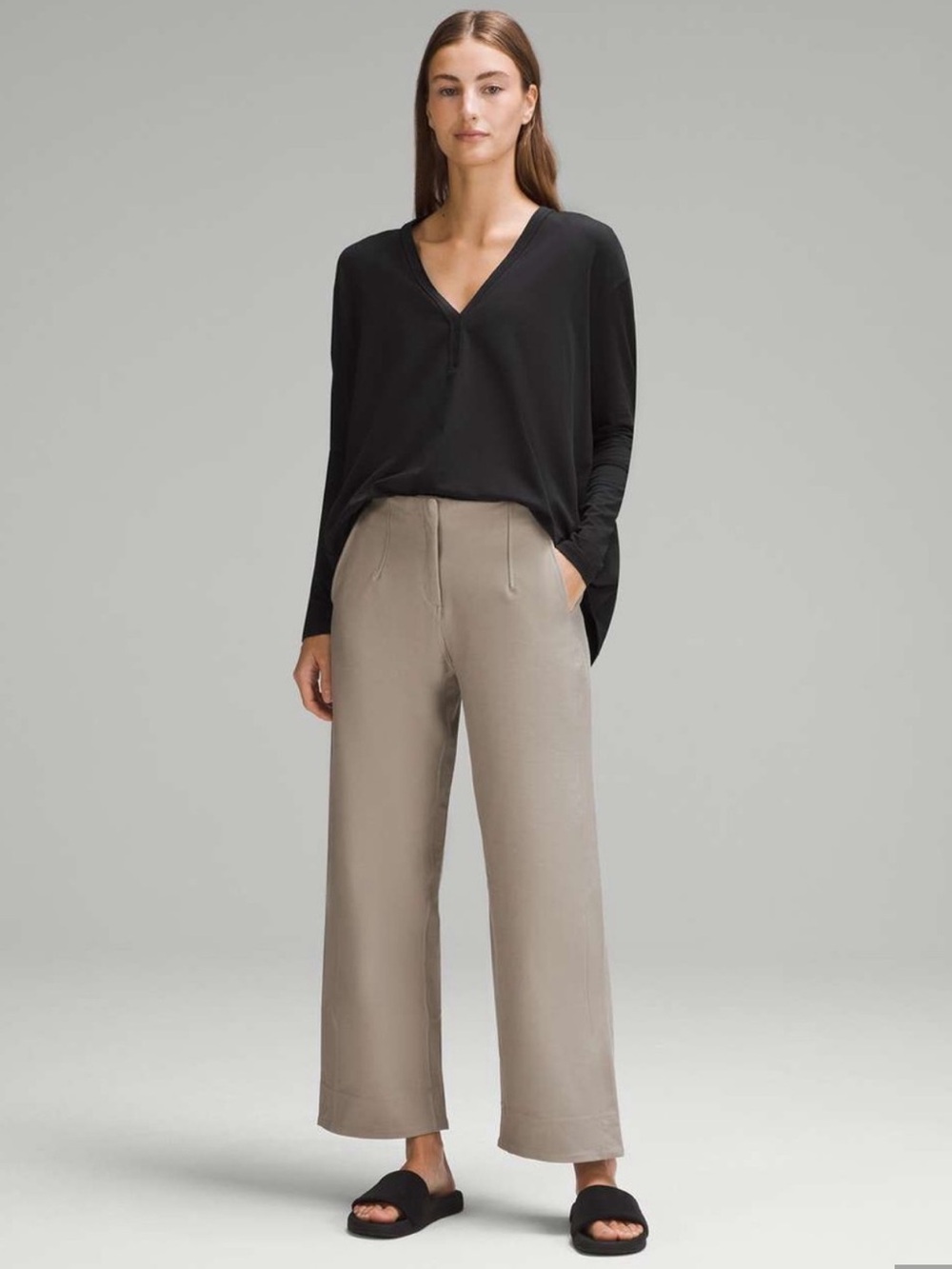 lululemon athletica Black V-Neck Top with Taupe Wide-Leg Pants